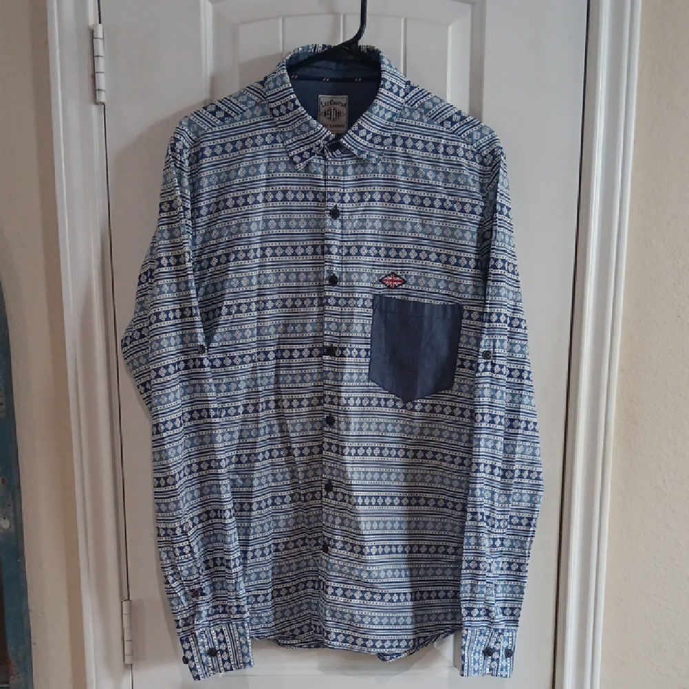 LEE COOPER 1908 EAST LONDON Button Roll Sleeve Union Jack Aztec Print Shirt